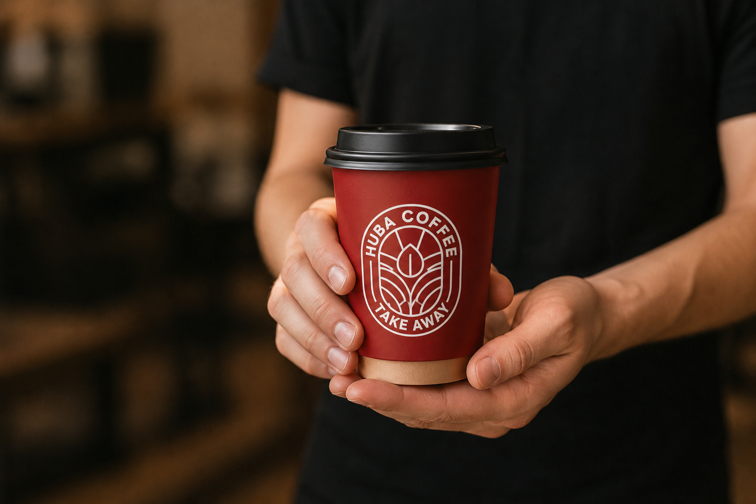 Elde sunulan Huba Coffee takeaway kahvesi